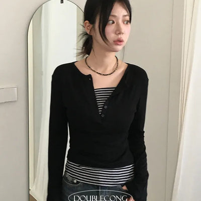 Dot Stripe Layered Long Sleeve T Shirt