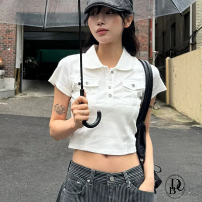Front Pocket Cut Out Crop Short Sleeve T Shirt