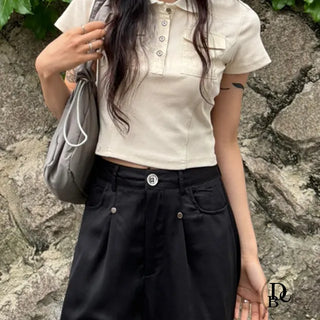 Front Pocket Cut Out Crop Short Sleeve T Shirt