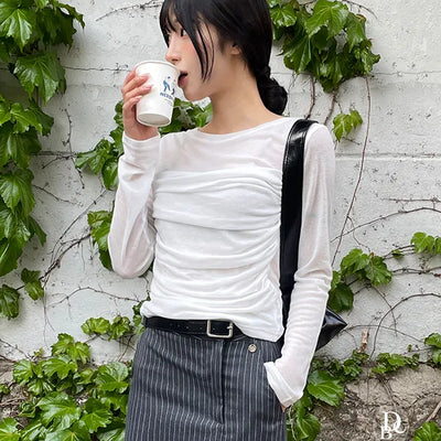 See through shirring long sleeved T shirt