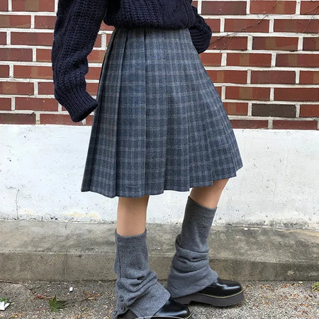 Rims Wool Check Back Banding Midi Skirt