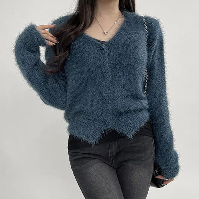 Angora Knit V Neck Loose Fit Cardigan