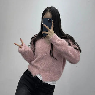 Angora Knit V Neck Loose Fit Cardigan