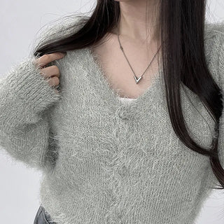 Angora Knit V Neck Loose Fit Cardigan