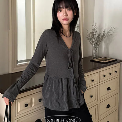 Mons V neck Frill Layered Long Sleeve T shirt