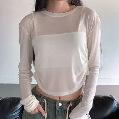 Side shirring soft basic long sleeved T shirt