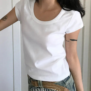 Square U neck Semi Crop Short Sleeve T shirt