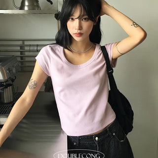 Square U neck Semi Crop Short Sleeve T shirt