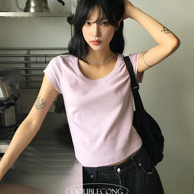Square U neck Semi Crop Short Sleeve T shirt
