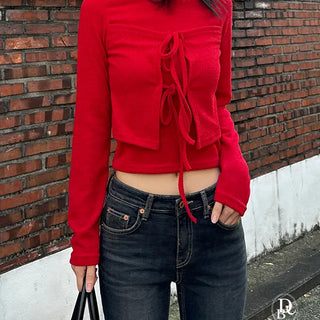 York Top Layered Ribbon Long Sleeve Slim T Shirt