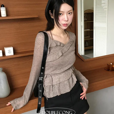 Slin Halter Neck Frill Long Sleeve