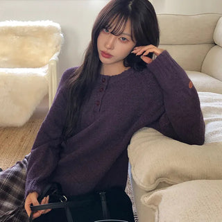 Butterbar gradation button patch round henley neck wool knit