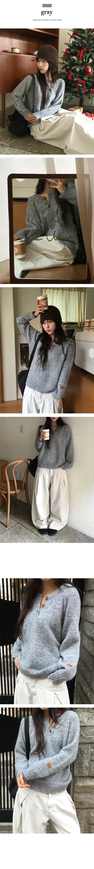 Butterbar gradation button patch round henley neck wool knit