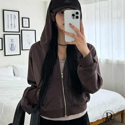 Canar Stripe Hooded Crop Zip Up