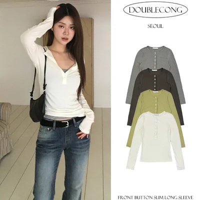 Front Button Slim Long Sleeve T shirt