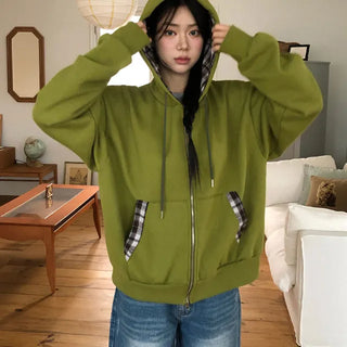 Orb Color Block Check Fleece Hooded Zip Up