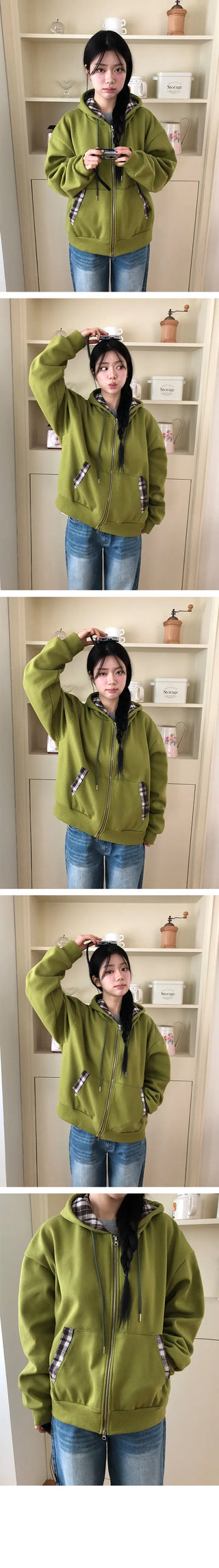 Orb Color Block Check Fleece Hooded Zip Up