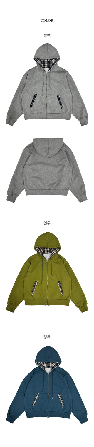 Orb Color Block Check Fleece Hooded Zip Up