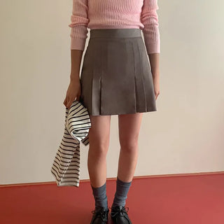 [Lined] Back elastic pleated mini skirt