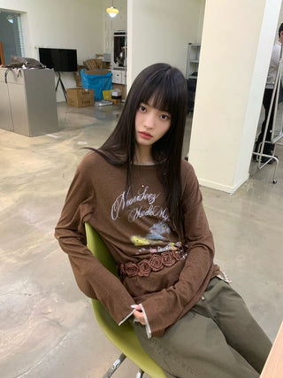 [NEVERSEEZ] Linen Blend Layered Neckline Long Sleeve Tee