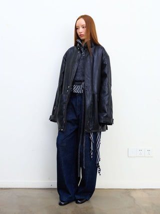 [NeverSeez] Padded PU Leather Trench Coat