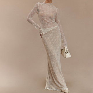 Long sleeve lace see through maxi skirt set