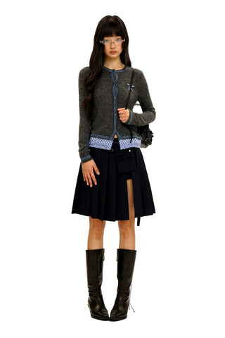 [Moromoro2] Layered Hem Plaid Bow Slim Fit  Cardigan