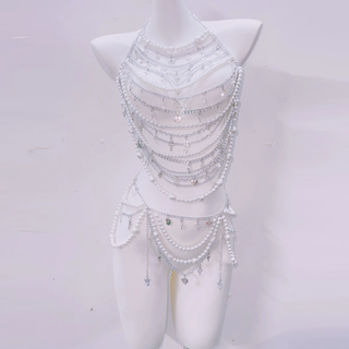 Halter beaded backless metal chain belt top