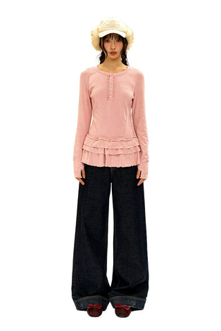 [Moromoro2] Soft Ribbed Lace Trim Long Sleeve  Top