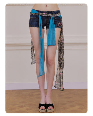 [NECY] New Vintage Floral Leopard Ribbon Denim Shorts
