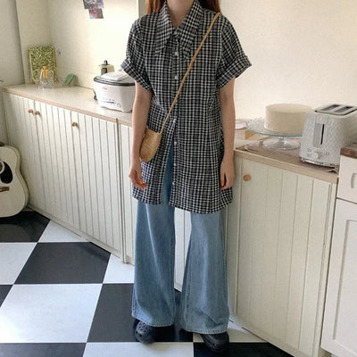 Checked long short-sleeved shirt