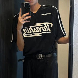 Double-line V-neck short-sleeved T-shirt