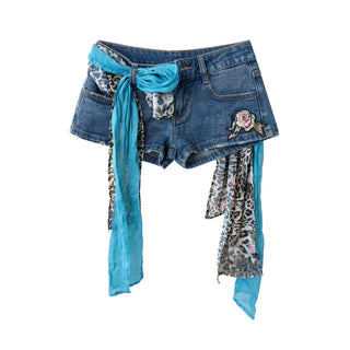 [NECY] New Vintage Floral Leopard Ribbon Denim Shorts