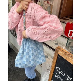 Checked denim chain bag