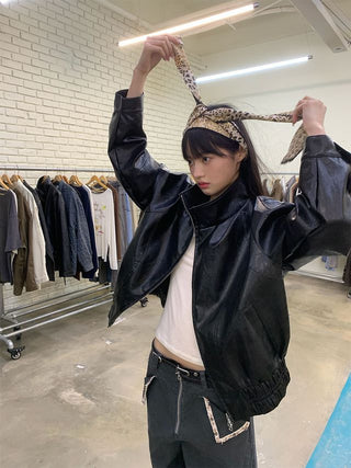 [NEVERSEEZ] Stand Collar Oversized PU Jacket