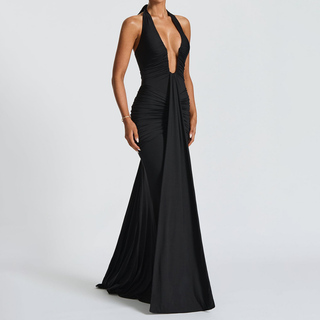 Deep v neck ruched backless maxi dress
