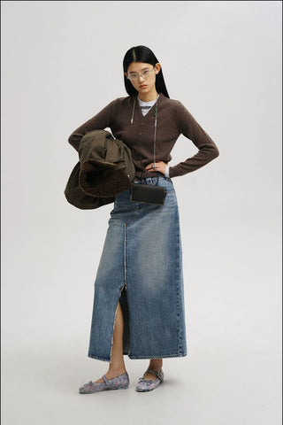 [MASONPRINCE] Faded Raw Hem Denim Maxi Skirt