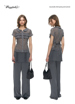 [NECY] Purple Grey Ruffle Plaid Shirt