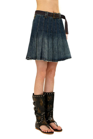 [Moromoro2] Contrast Stitch Belt Denim Pleated  Skirt