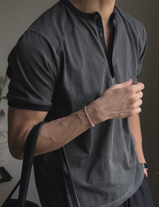Ringer Muscle Fit Henley Neck Pig Short Sleeve Tee (3 colors)