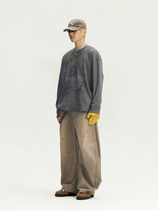 [Monterest] Waffle Weave Washed Print Long Sleeve Tee