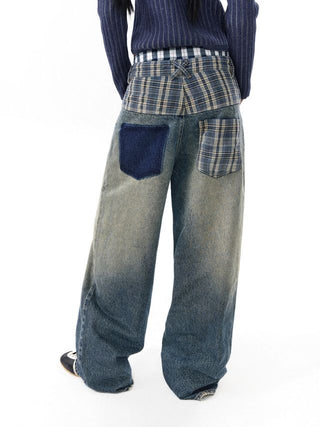 CONP Plaid Patchwork Washed Baggy Jeans