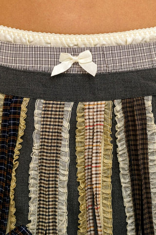 [Moromoro2] Lace Trim Plaid Patchwork Pleated  Skirt