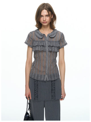 [NECY] Purple Grey Ruffle Plaid Shirt