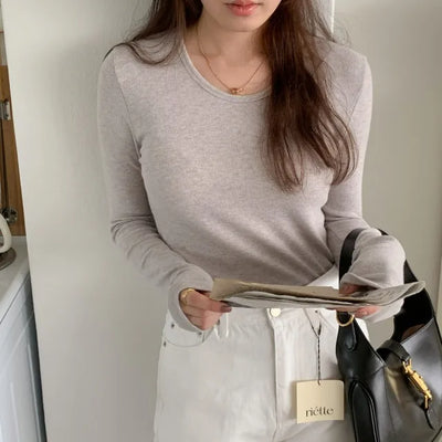 Humming Ribbed U-Neck Long Sleeve T-Shirt