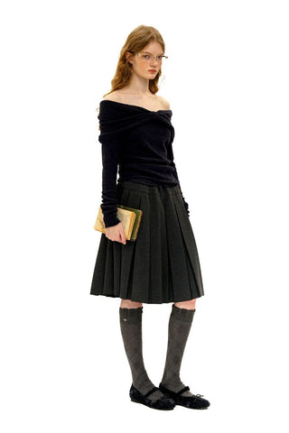 [Moromoro2] Bow Pleated Off-shoulder Knit  Sweater