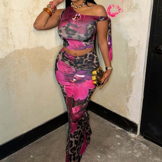 One shoulder leopard print maxi skirt set