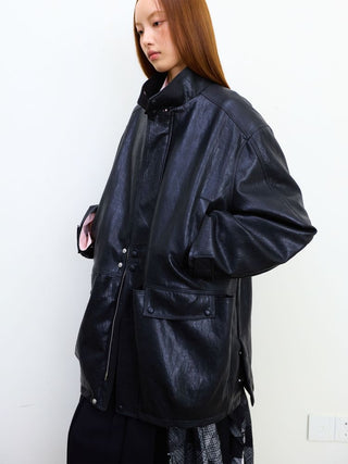 [NeverSeez] Padded PU Leather Trench Coat