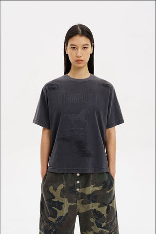 [MASONPRINCE] Distressed Horse Print Cotton Tee