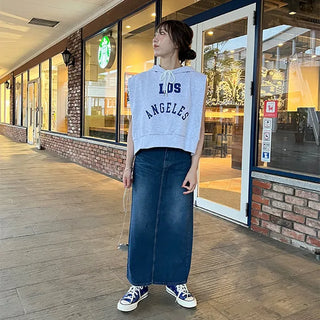 Washed denim long skirt